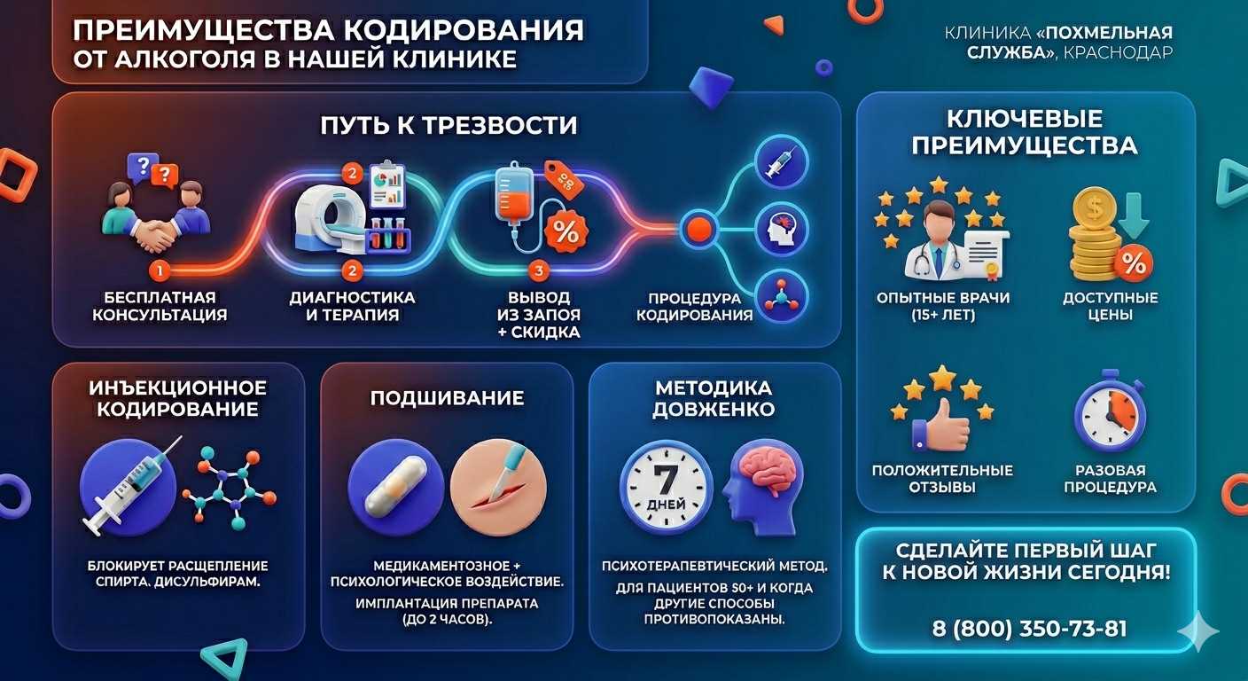 Инфографика о методах кодирования от алкоголя в Починках: инъекции, подшивание, метод Довженко. Преимущества клиники и этапы лечения.