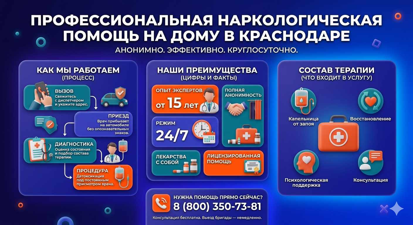 Инфографика о принципах лечения алкоголизма на дому в Починках: этапы вызова нарколога, преимущества анонимной детоксикации и состав медицинской помощи.
